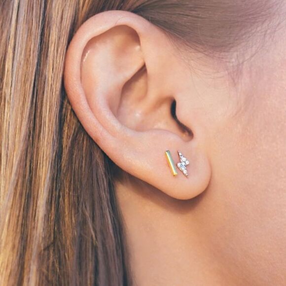 New CZ Gold over 925 Sterling Silver Lighting Bolt Stud Earrings - Picture 2 of 11